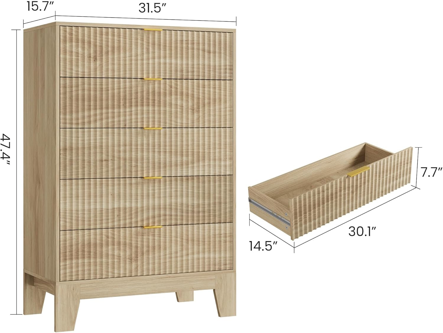 Contemporary Fluted Five Drawer Dresser Architectural Oak