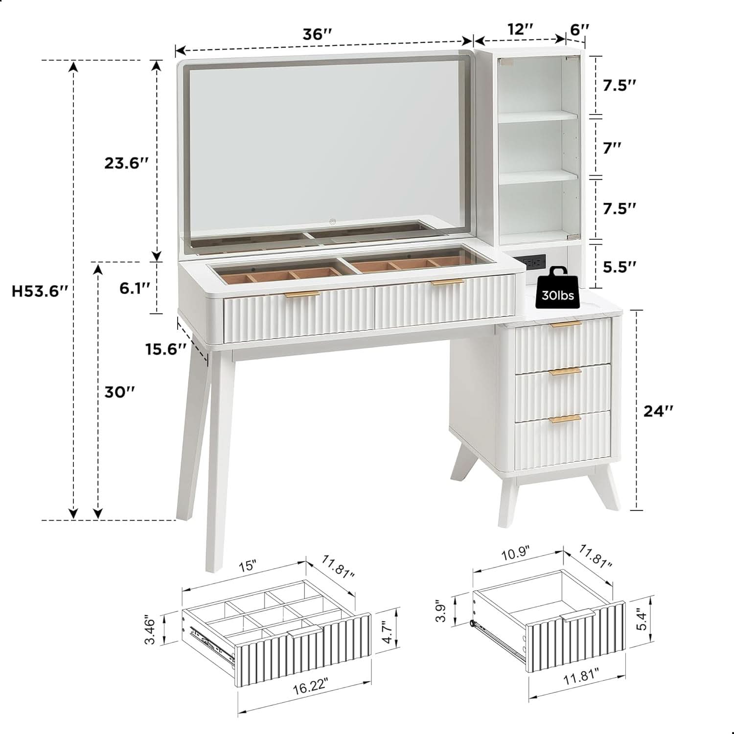 White Forty Eight nch Vanity Desk With LED Illuminated Mirror