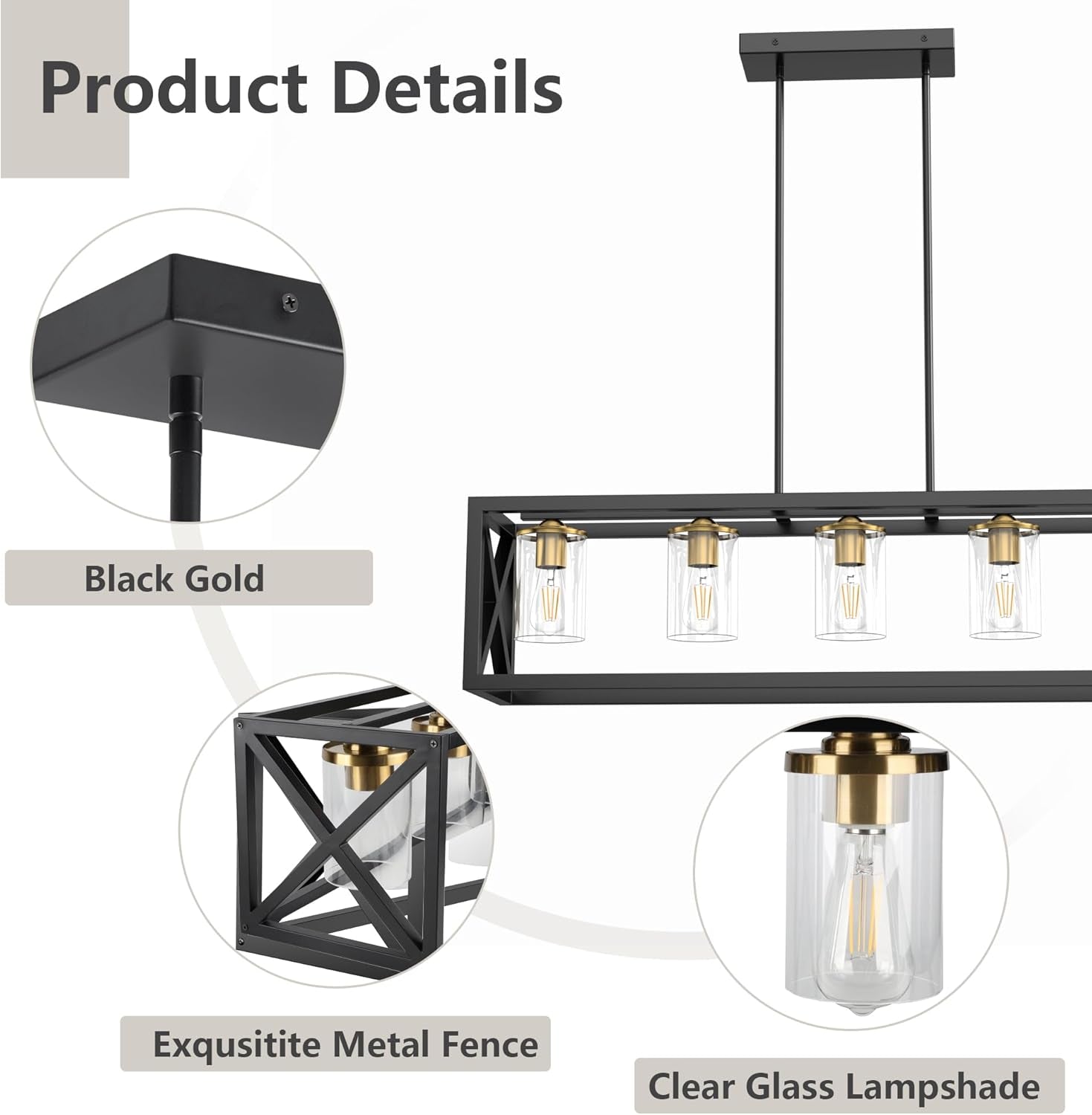 Black Gold Five Light Rectangular Dining Chandelier