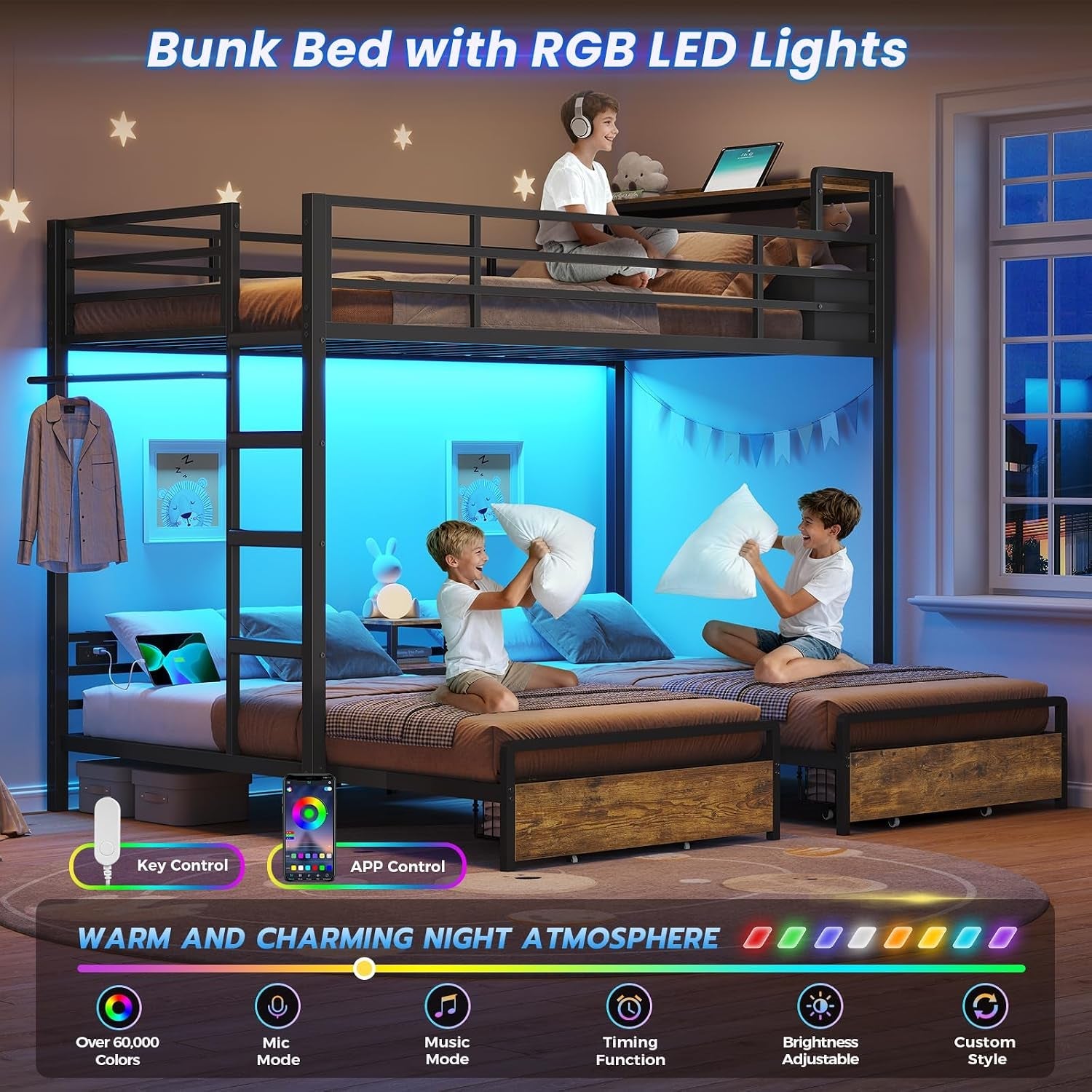 Black Premium Triple Bunk Bed With Integrated Storage