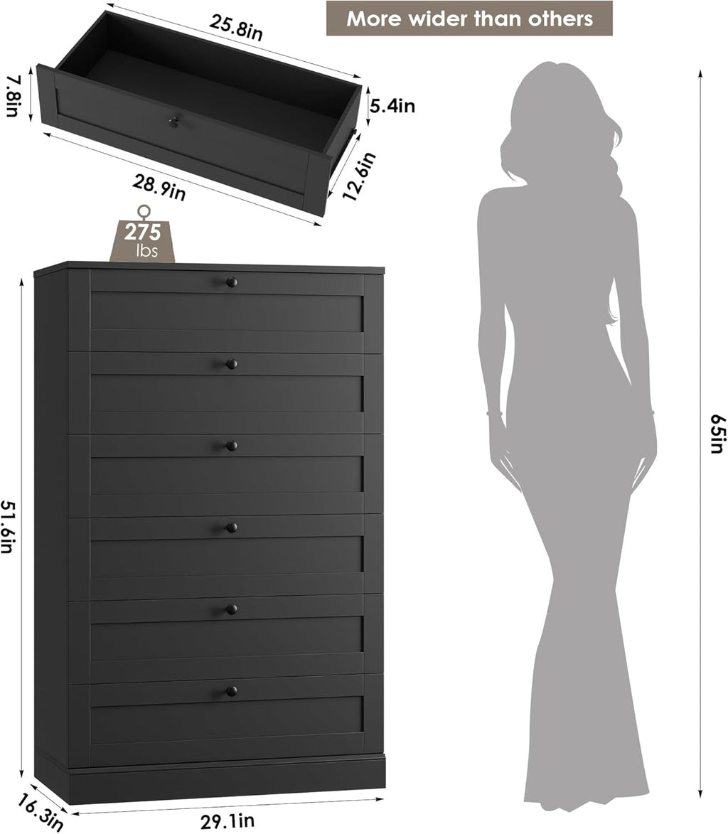 Black 52Inch Towering Six Drawer Contemporary Dresser