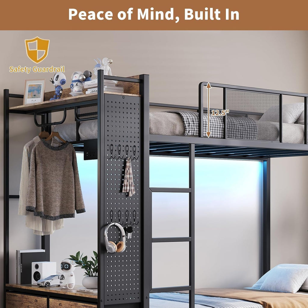 Rustic Brown Twin Over Twin Storage Drawers Bunk Bed