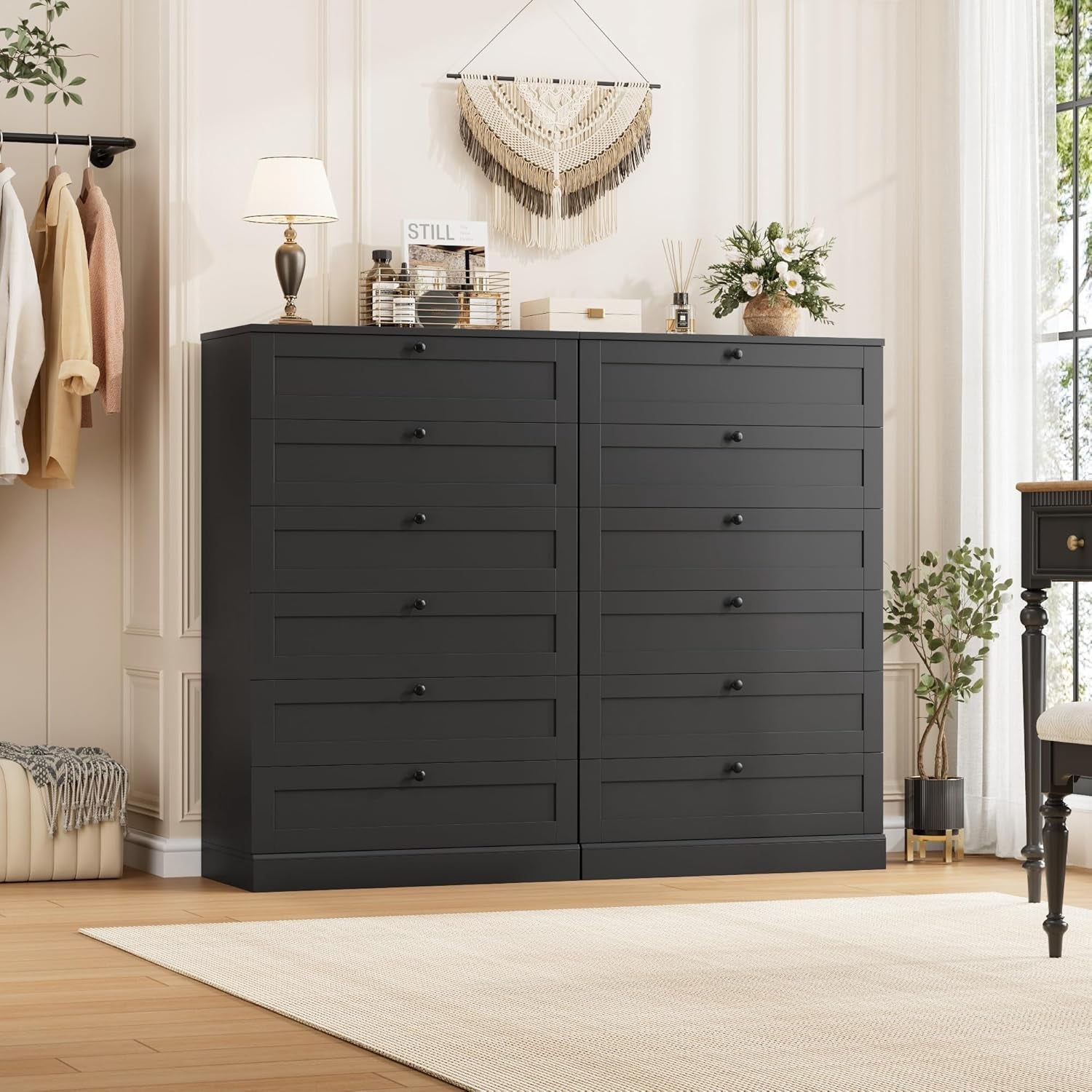 Black 52Inch Towering Six Drawer Contemporary Dresser
