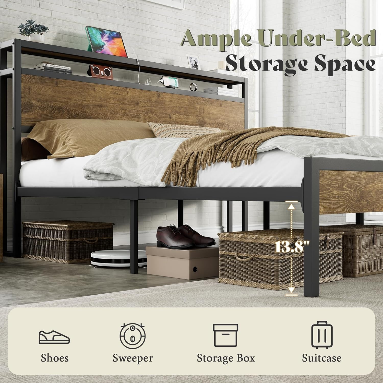 Full Size Brown Industrial Bed Frame Under bed Storage