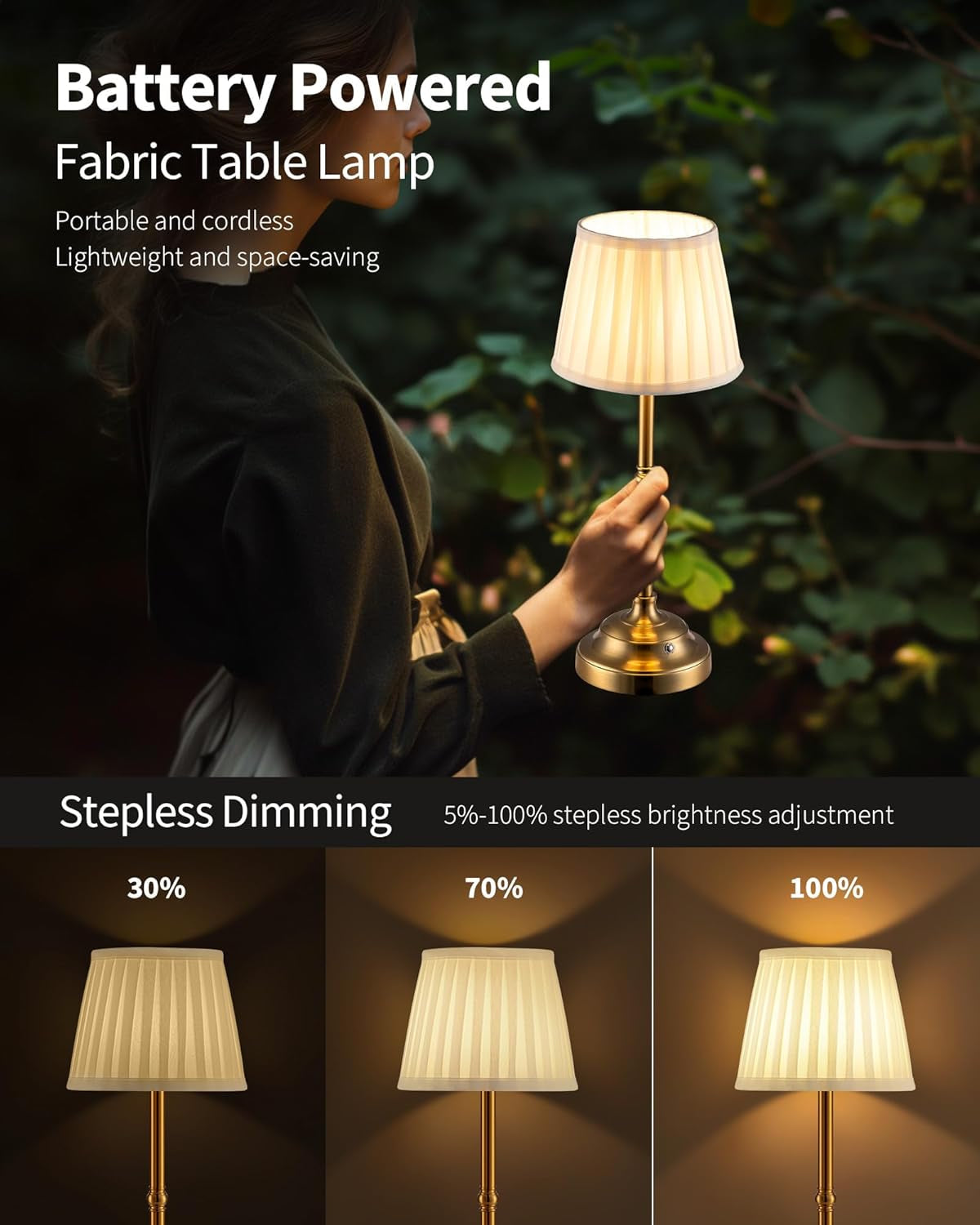 Cordless Table Lamp Gold Fabric Shade Rechargeable