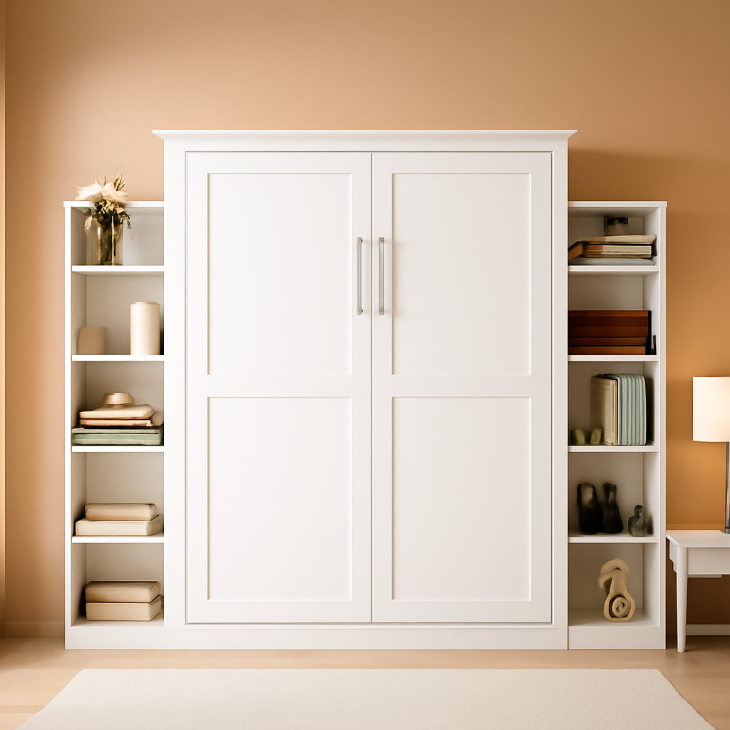 Full Murphy Bed White With BuiltIn Storage Shelves LED