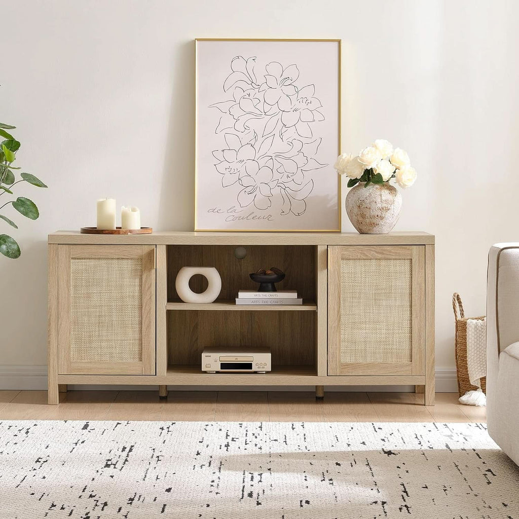 Rattan TV Stand 59 Inch Mid Century Modern Boho Console