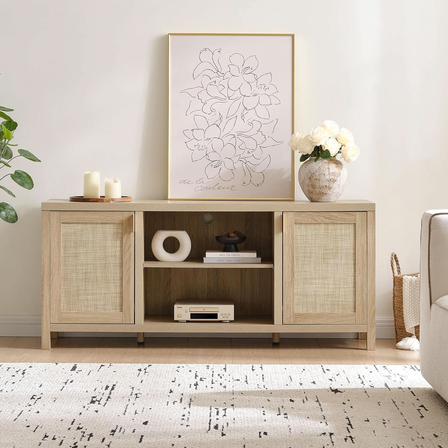 Rattan TV Stand 59 Inch Mid Century Modern Boho Console