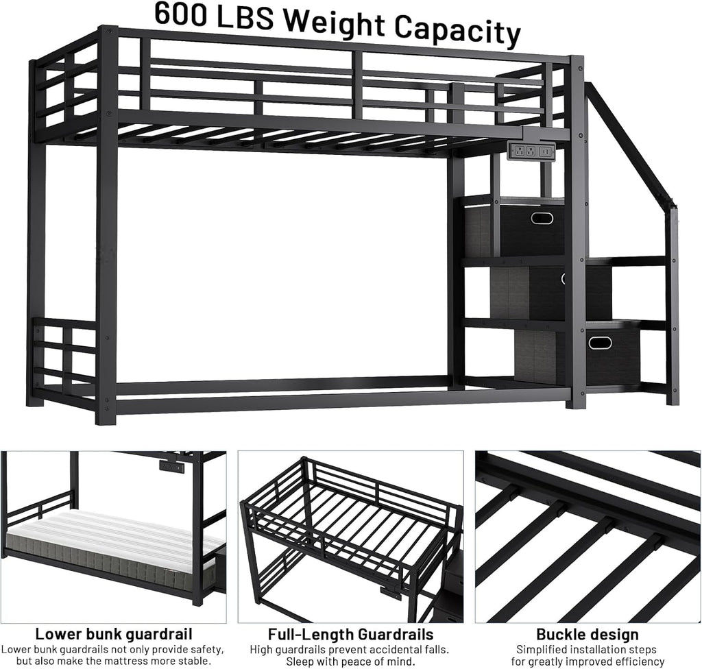 Black Twin Over Twin Metal Bunk Bed Storage Drawers