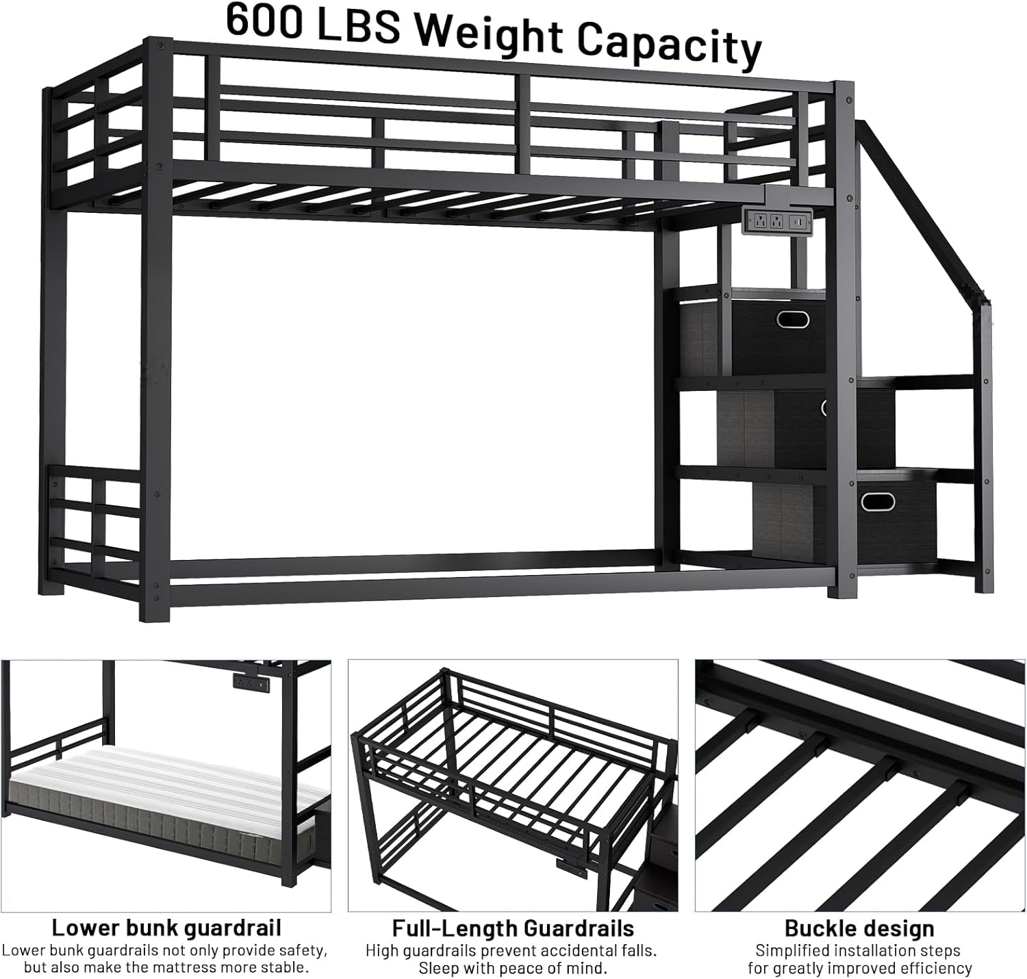 Black Twin Over Twin Metal Bunk Bed Storage Drawers
