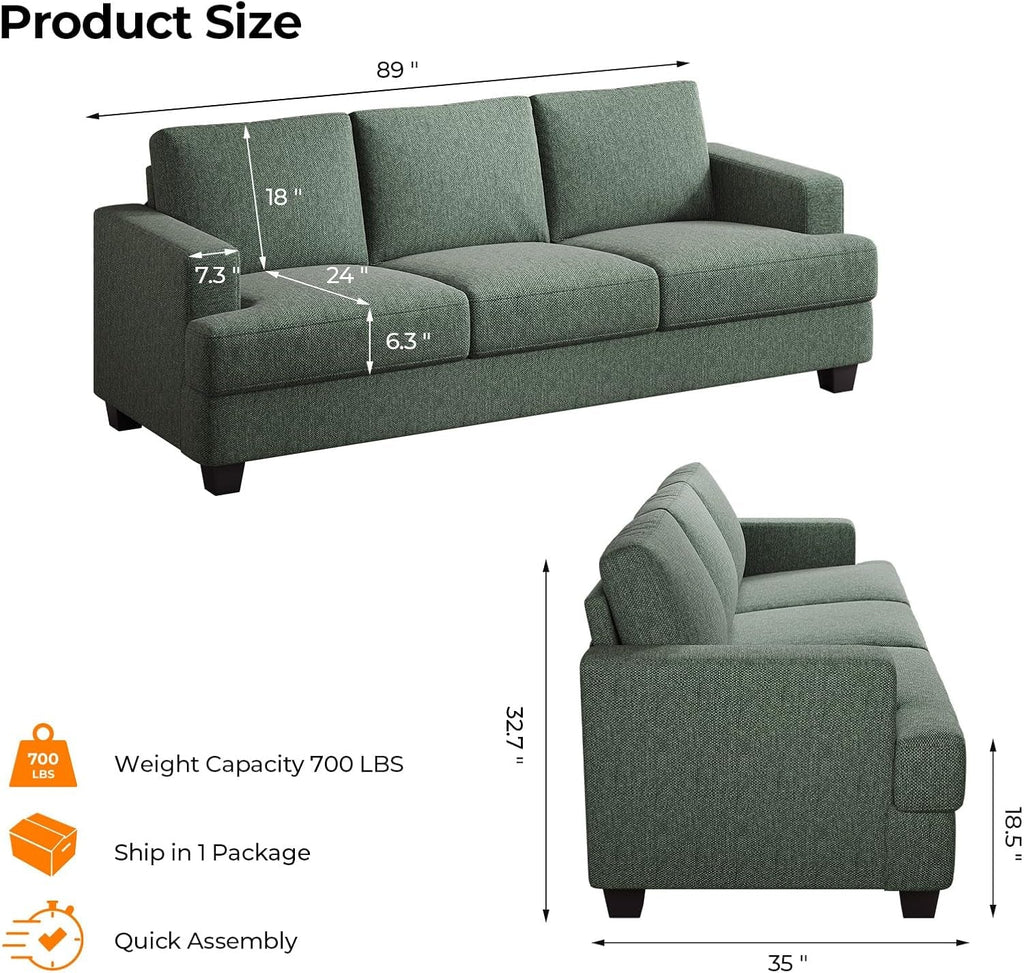 89 Inches Oversize Three Seater Sofa Green Upholstery