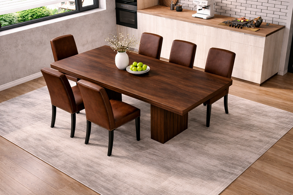 78 Inch Walnut Fluted Dining Table with 6 PU Leather Nailhead Dining Chairs Set