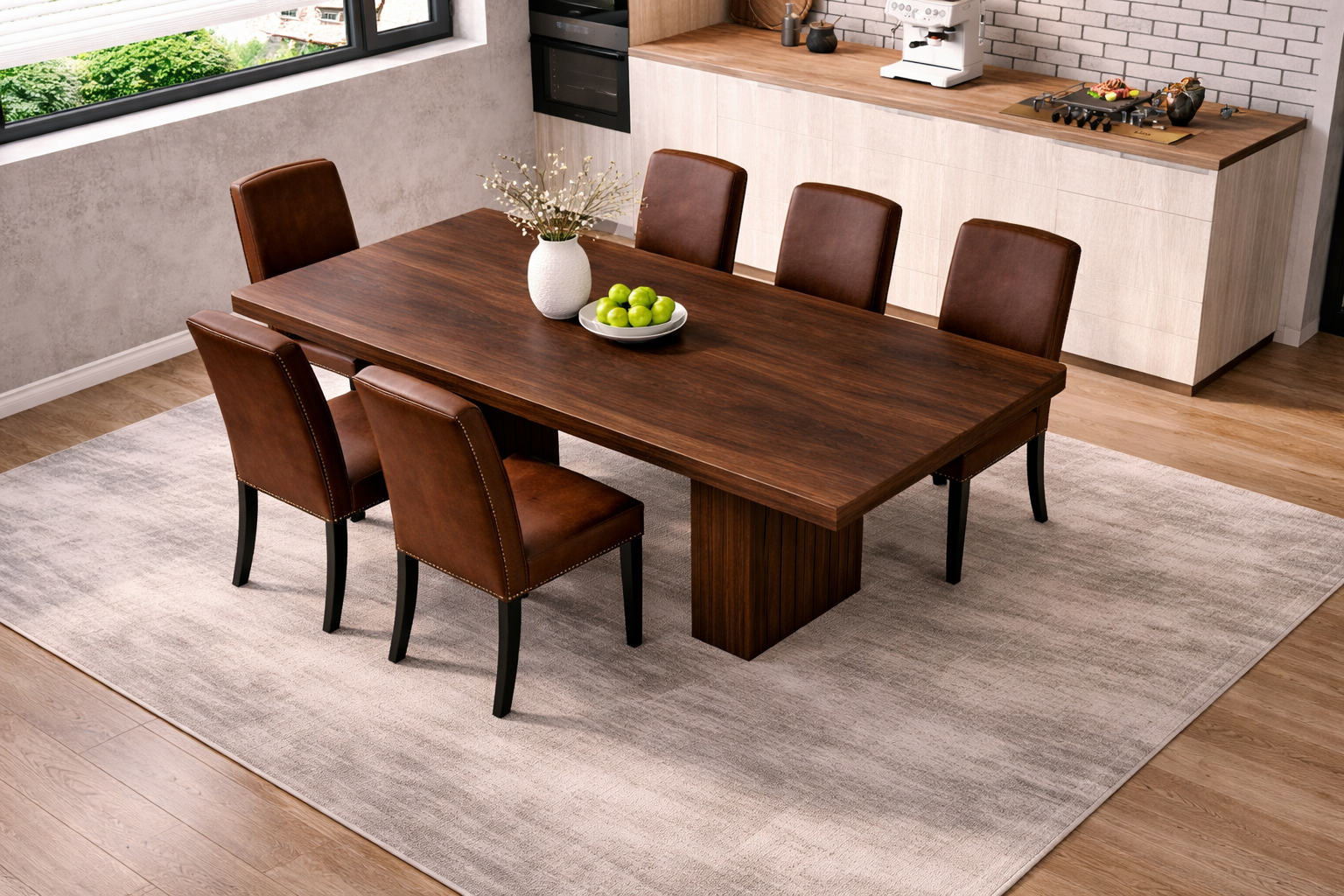 78 Inch Walnut Fluted Dining Table with 6 PU Leather Nailhead Dining Chairs Set