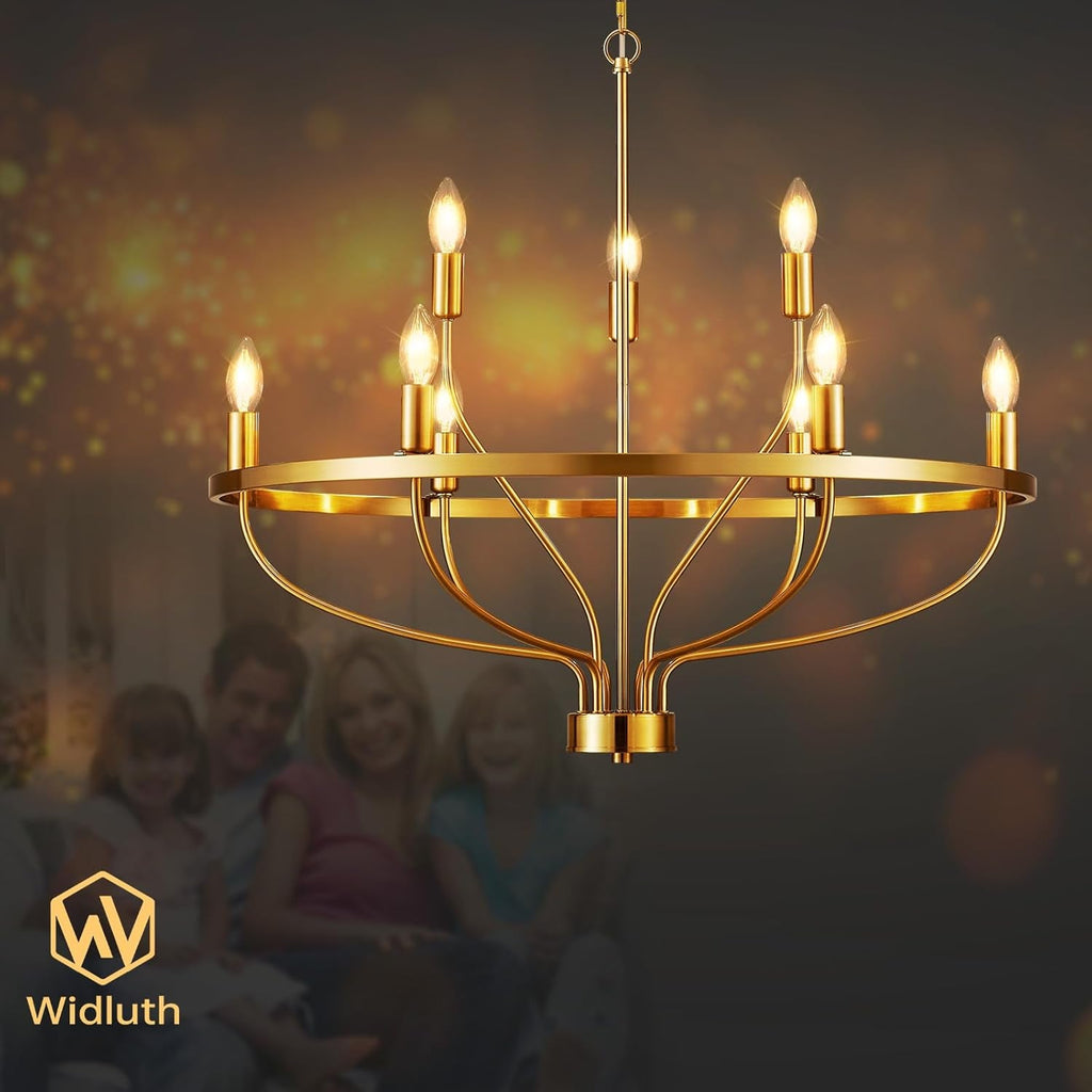 30Inch Crystal Gold Tone Chandelier Nine Light Fixture