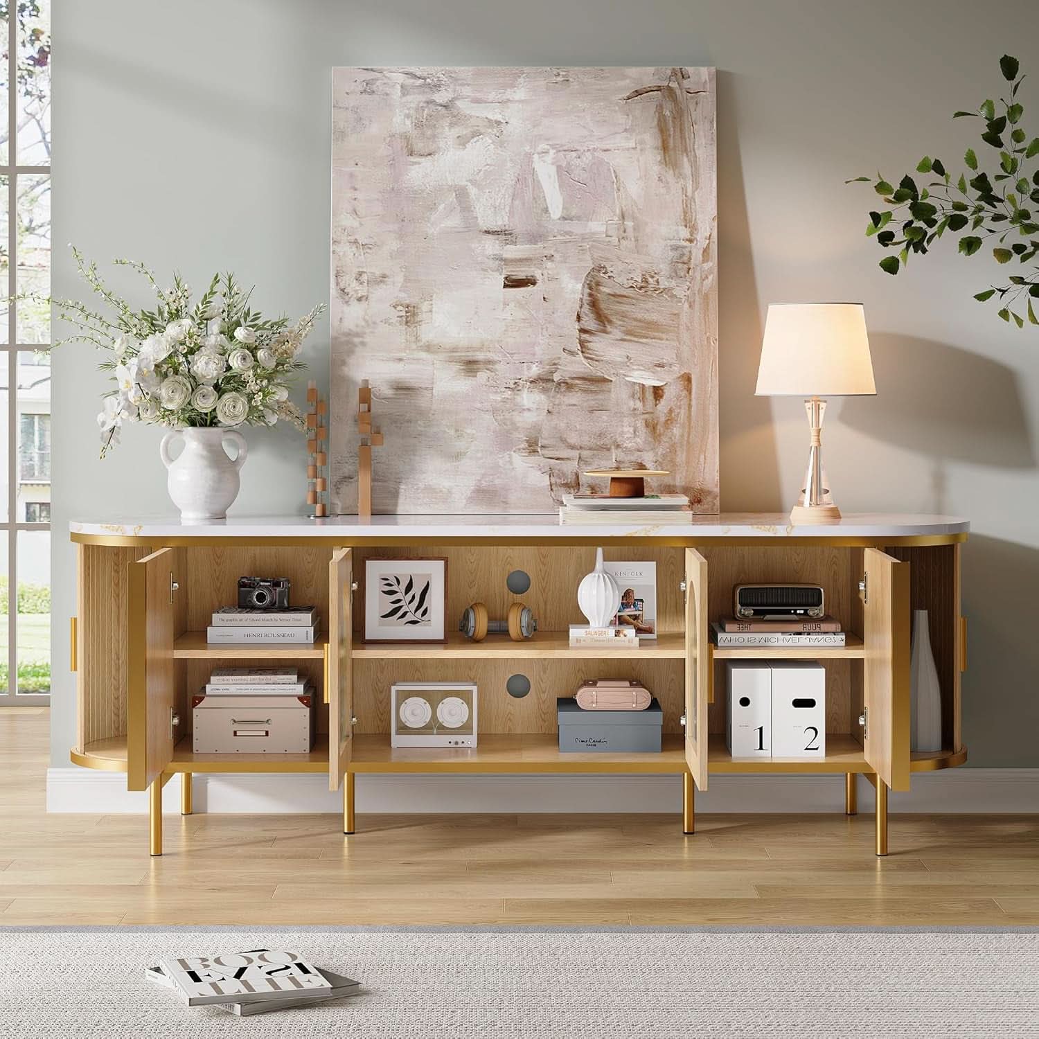 70 Inch Ultra Lux urious Fluted TV Stand Reeded Oak Finish
