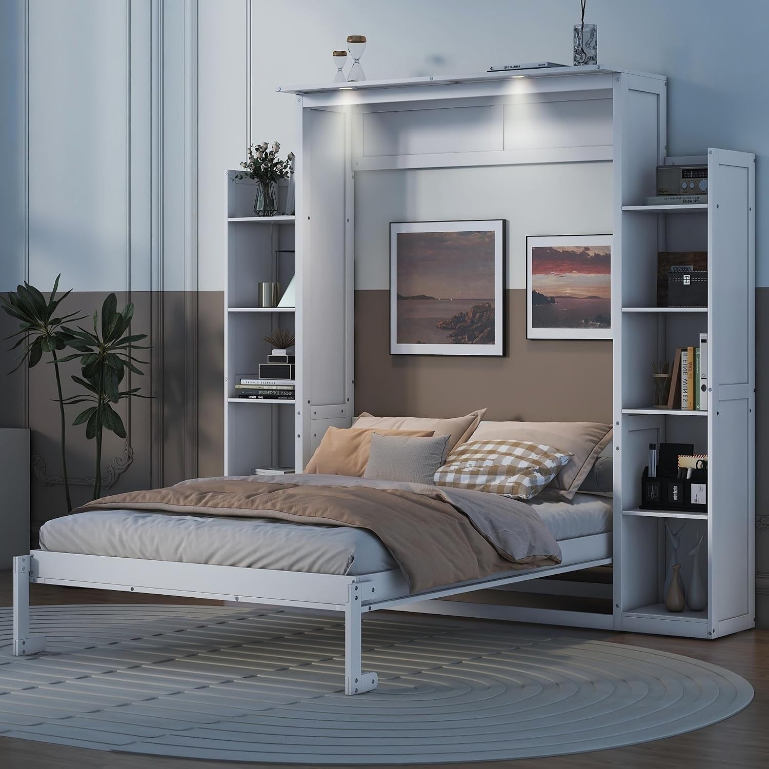 Full Murphy Bed White With BuiltIn Storage Shelves LED