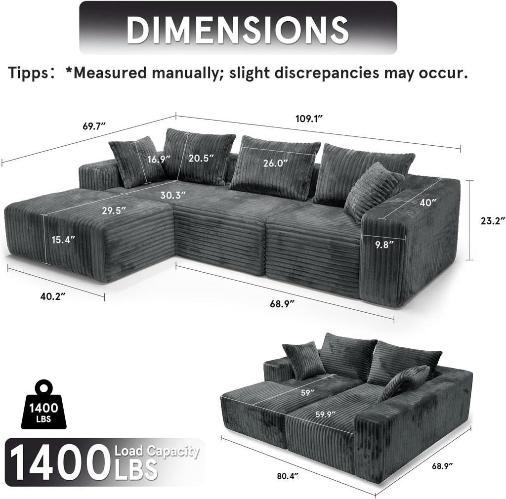 109-Inch L-Shaped Cloud Couch Modular Sectional Sofa
