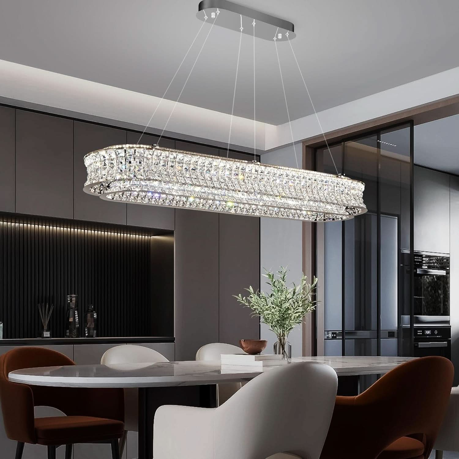 47 Inch Rectangular Chrome Crystal LED Chandeliers