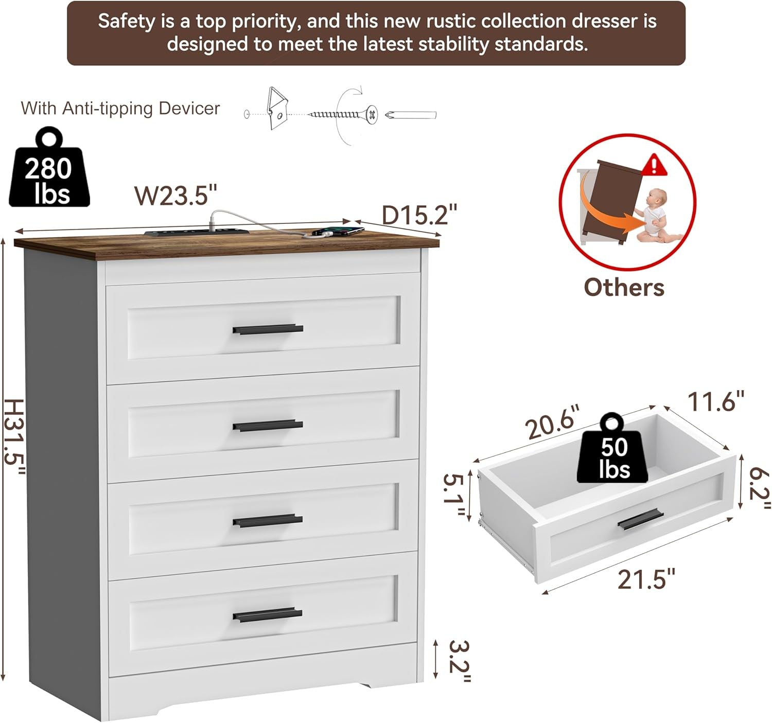 White Dresser With USB Charging Station Elegant Finish