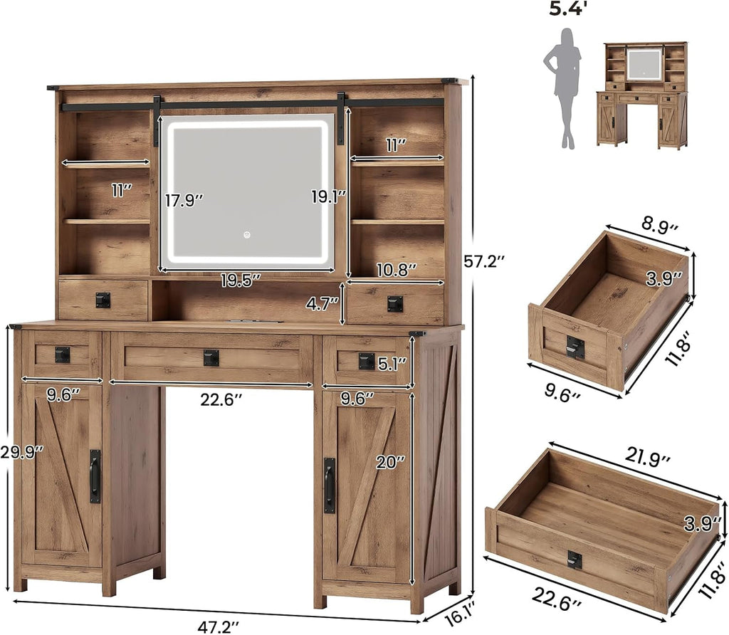 Rustic Oak Forty Seven Point TwoInch Makeup Vanity Desk Integrated Lighting