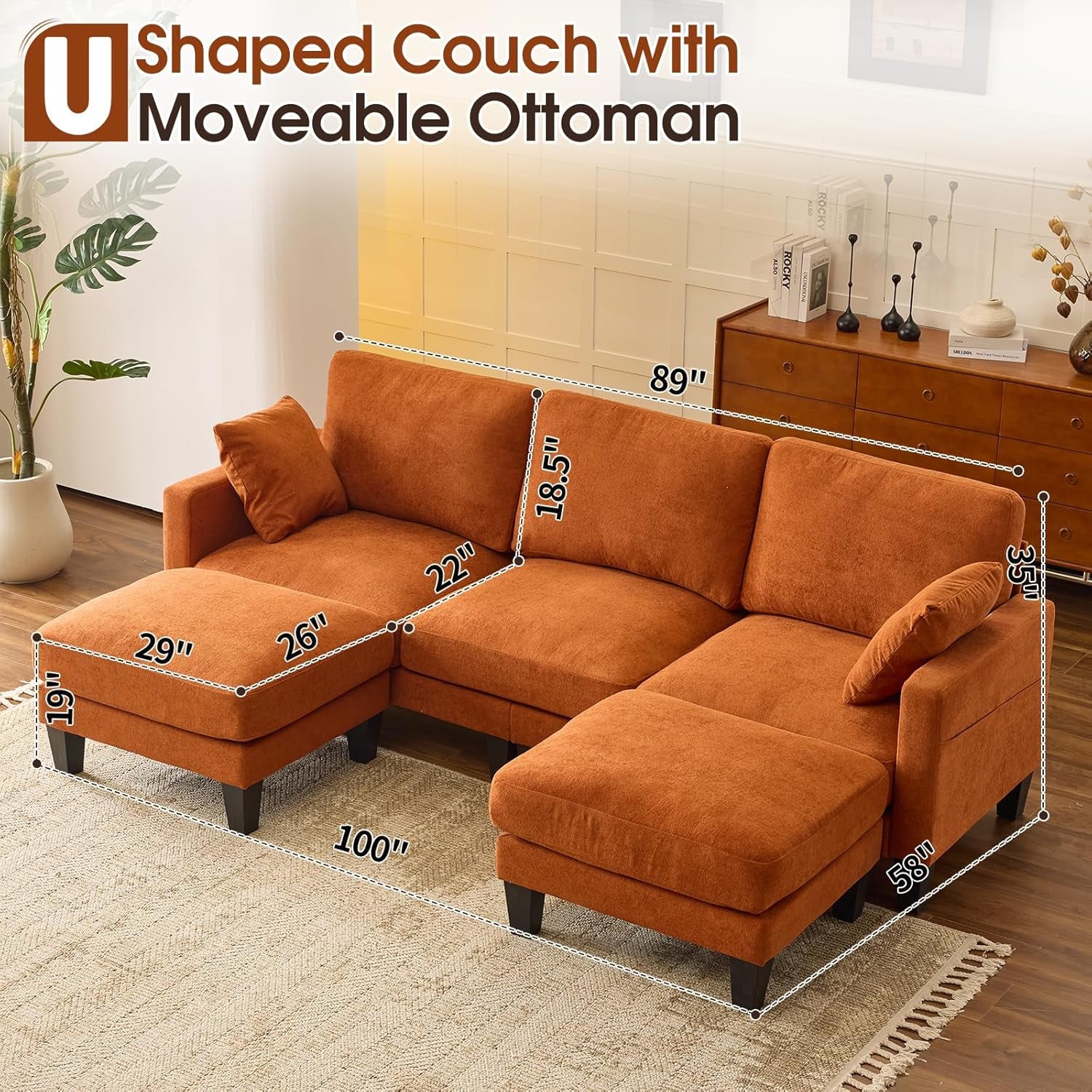 One HundredInch U Shaped Sofa Plush Chenille Ottoman Orange