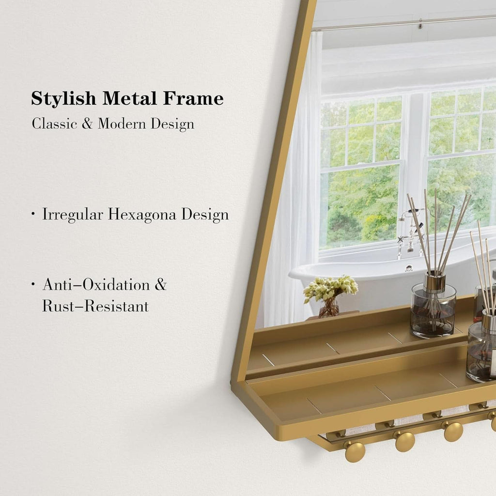 Goldtone Hexagonal Wall Mirror 26x20Inches With Shelf