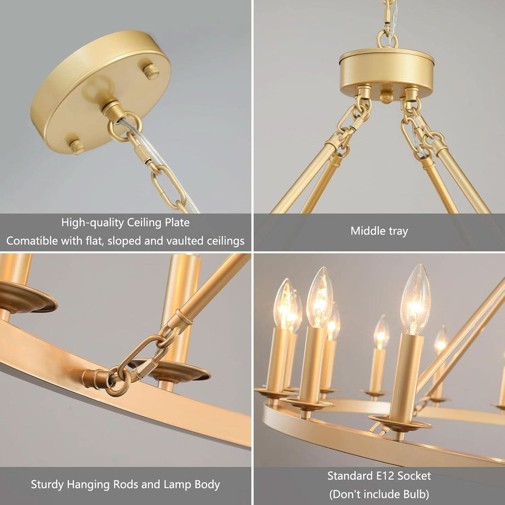 Gilded Wagon Wheel Chandelier Forty Inches Farmhouse