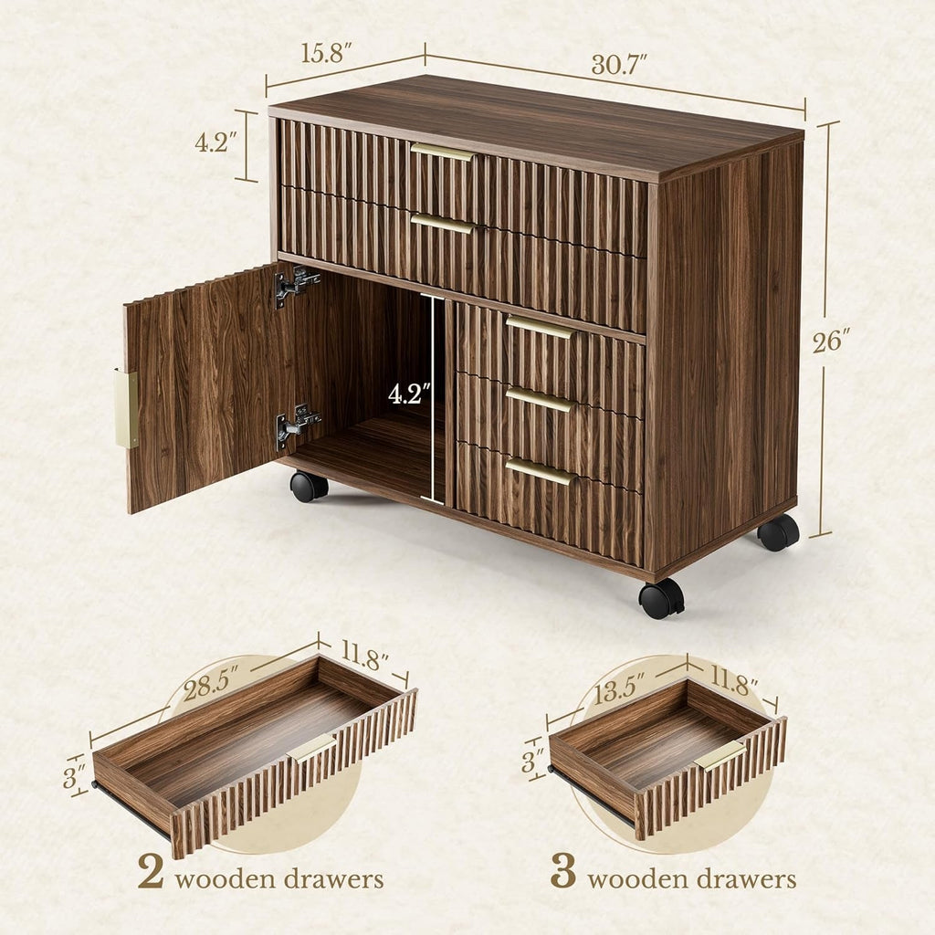 Fluted Lockable File Cabinet Five Drawers Walnut Finish