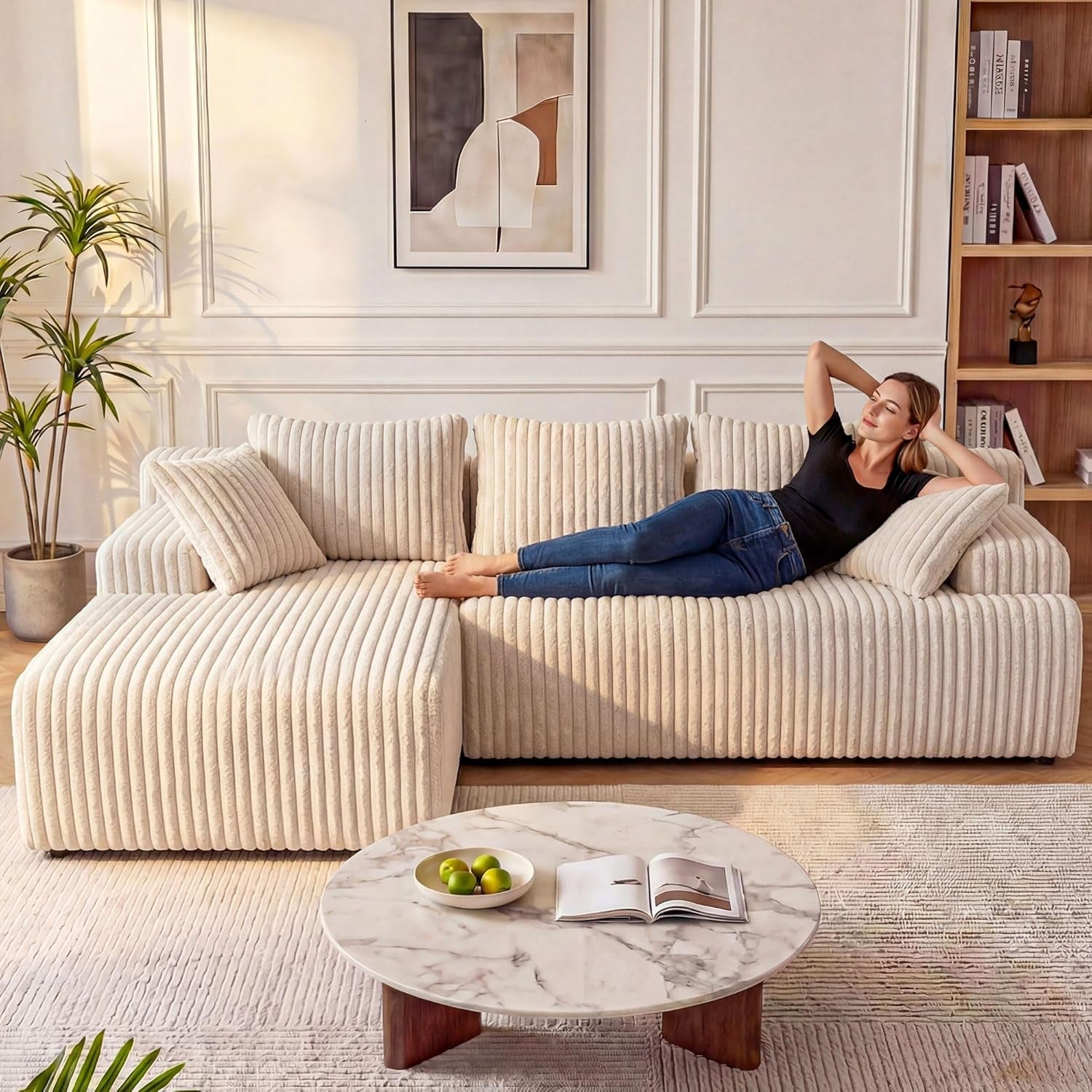 Beige 96 Inch Modular Sectional Sofa Plush Corduroy