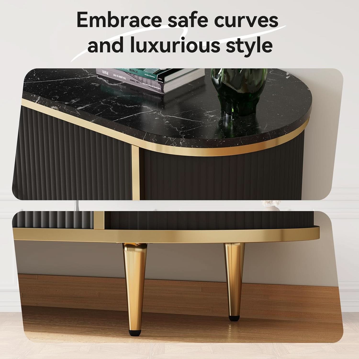 Fluted TV Stand 70 Inch Black Curved Profile Faux Marble Top