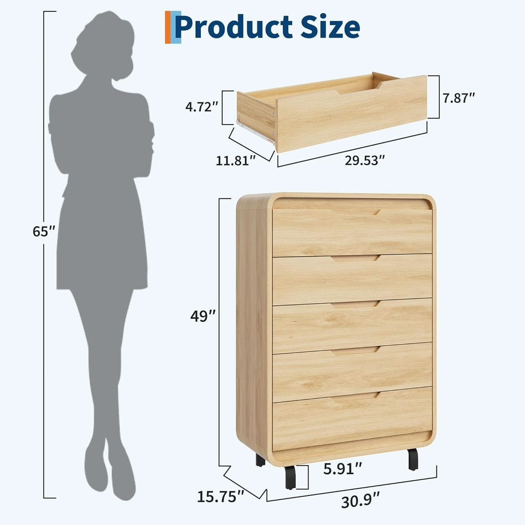 Natural 49-Inch Tall Wooden 5-Drawer Dresser Storage