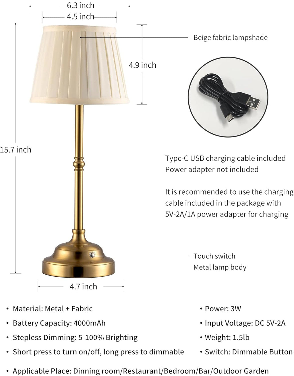 Cordless Table Lamp Gold Fabric Shade Rechargeable
