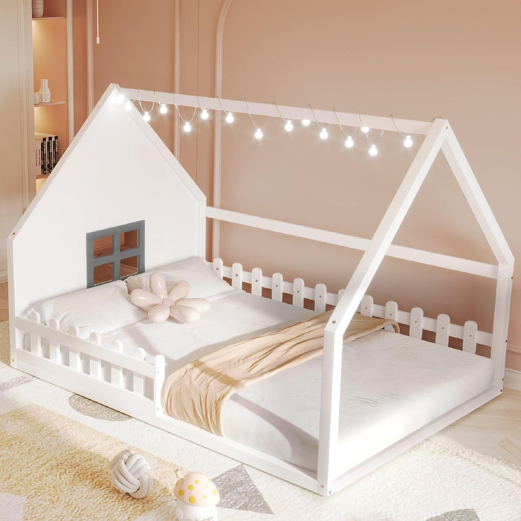 Full Size Montessori Floor Bed LED Illuminated White