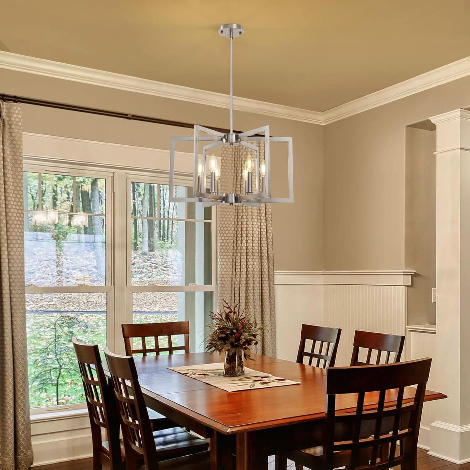 6 Light Brushed Nickel Geometric Chandelier Kitchen