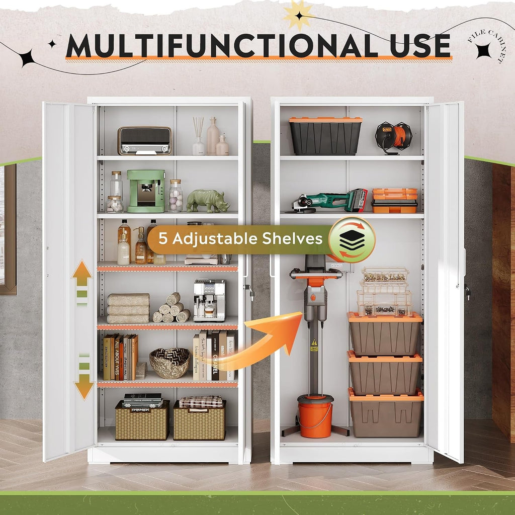 Lockable White Metal Garage Storage Cabinet Shelves