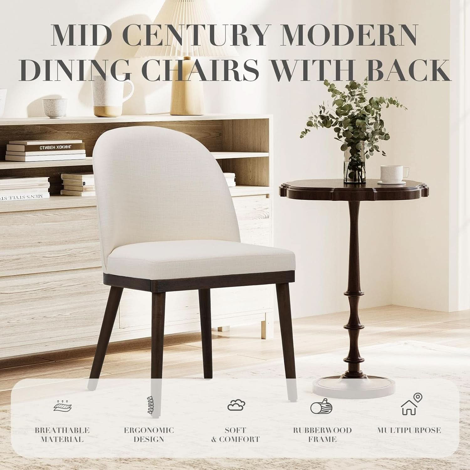 Beige Upholstered Dining Chairs Featuring Wood Frame