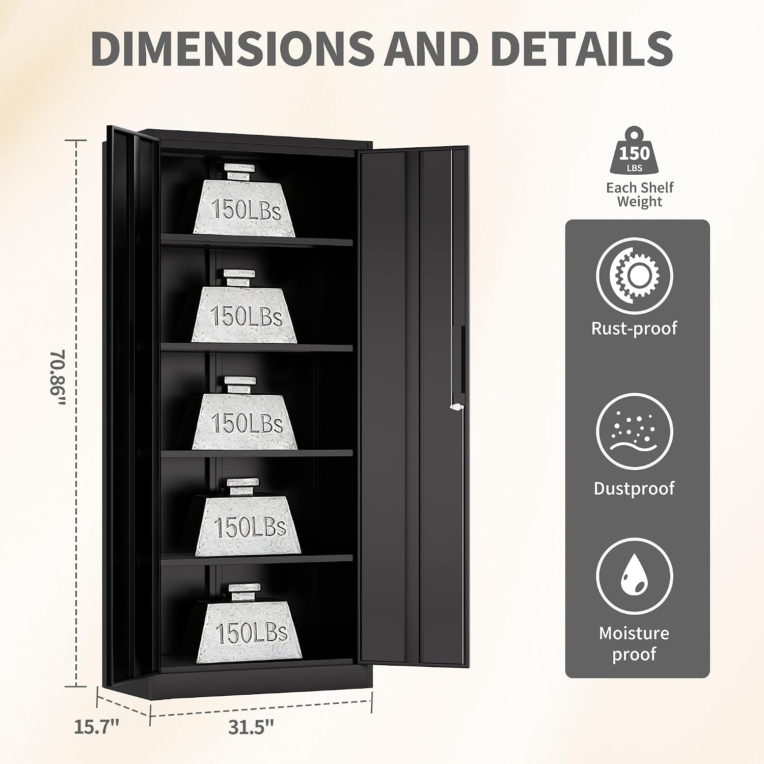 Black Powdercoated Steel Storage Cabinet Lock 71Inch