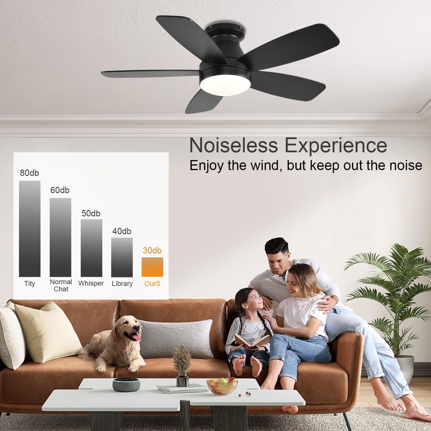 42 Inch Black Flush Mount Ceiling Fan With LED Lighting