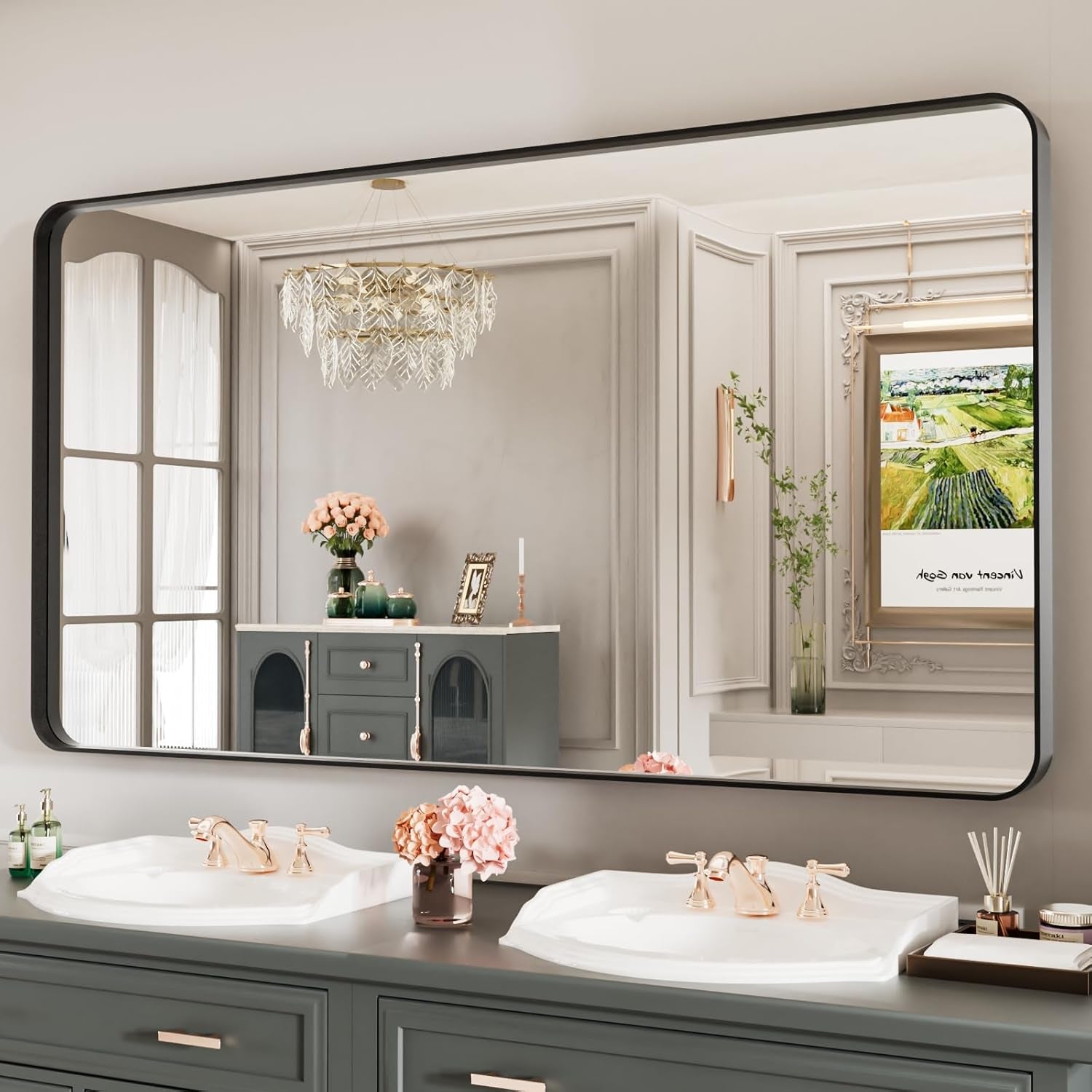 55x30 Inch Matte Black Tempered Glass Bathroom Mirror