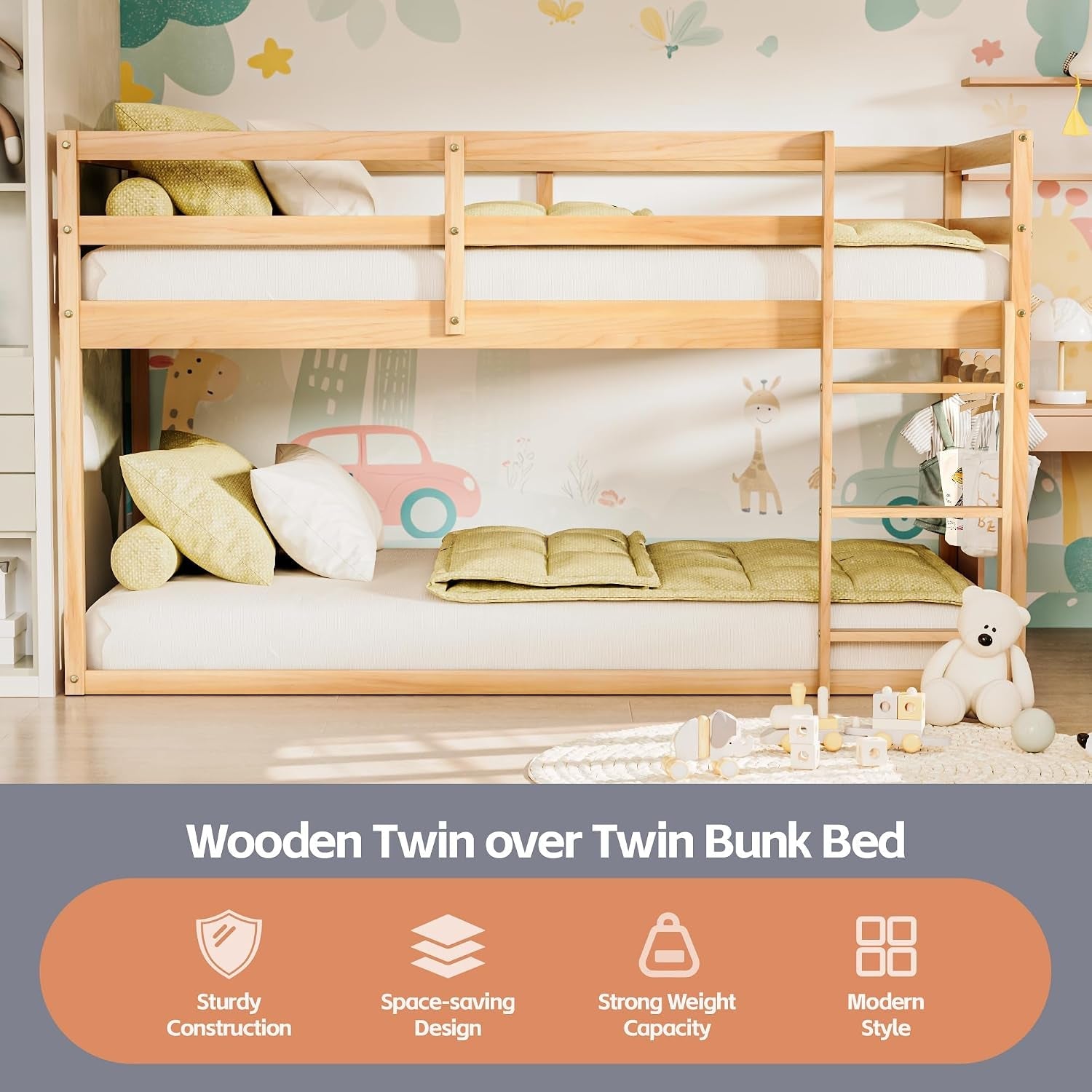 Twin Over Twin Natural Finish Solid Wood Bunk Bed Ladder