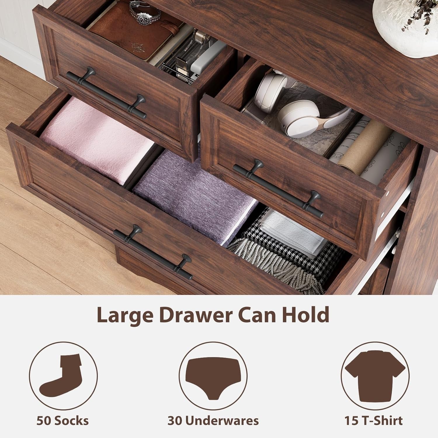 Walnut Farmhouse Chic Dresser 44 Inches Six Drawers