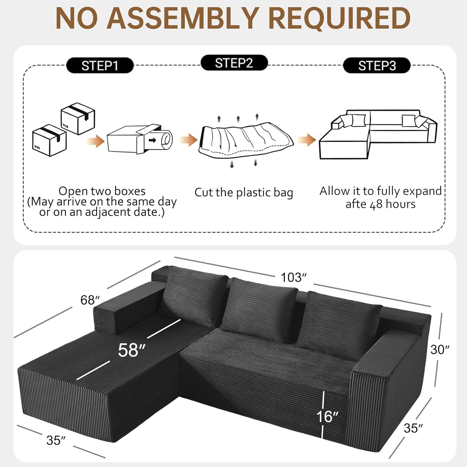103-Inch Ultra Corduroy Sectional Sofa With Left Chaise