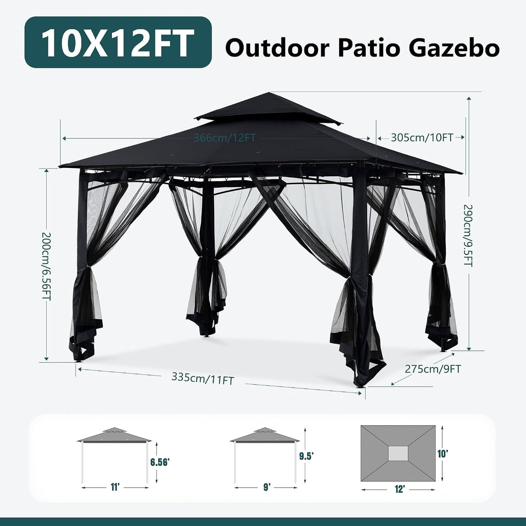 Outdoor Gazebo 10x12 Black Weatherproof Steel Frame