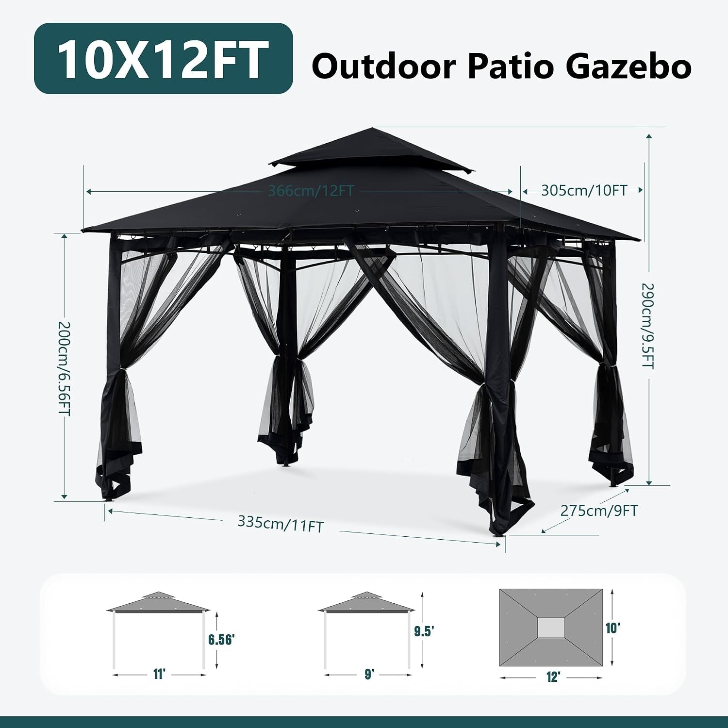 Outdoor Gazebo 10x12 Black Weatherproof Steel Frame