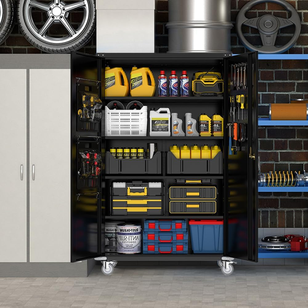 Black Metal Garage Storage Cabinet Pegboard Lockable