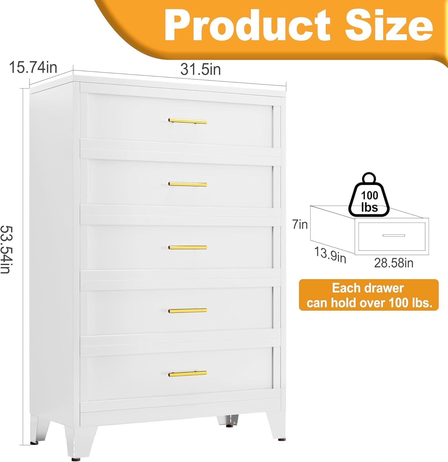 Bright White Tall Dresser 5 Drawer Chest 53.54 Inches
