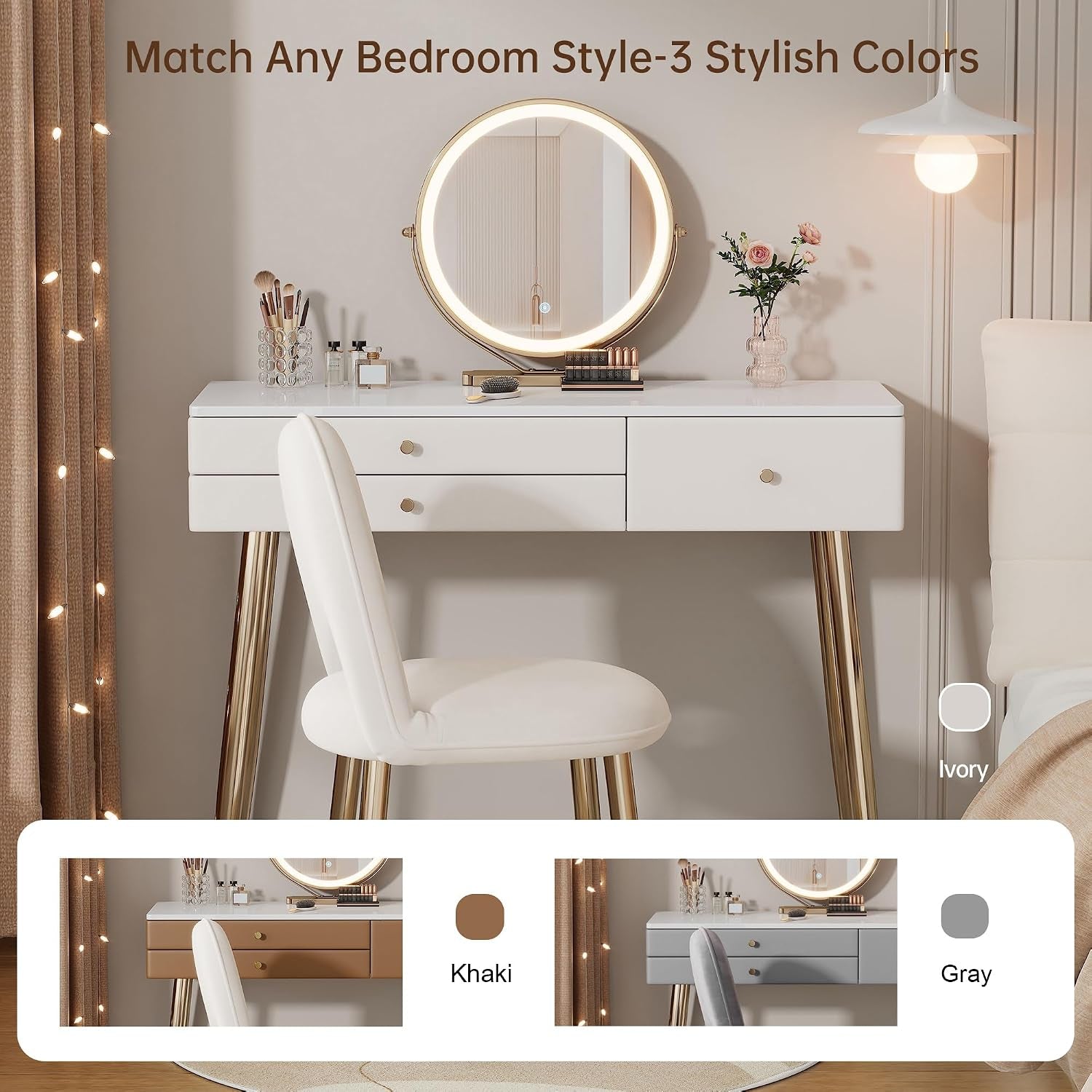 Beige Faux Leather Vanity Desk With Mirror Lighting