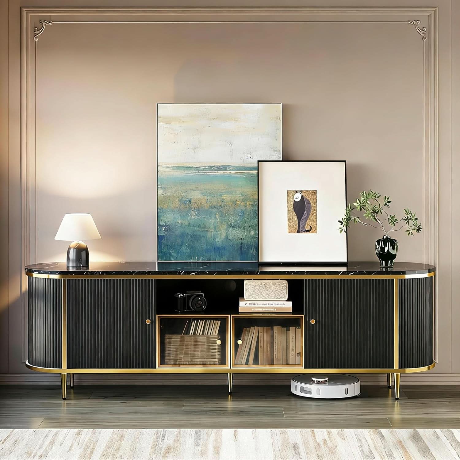 Fluted TV Stand 70 Inch Black Curved Profile Faux Marble Top