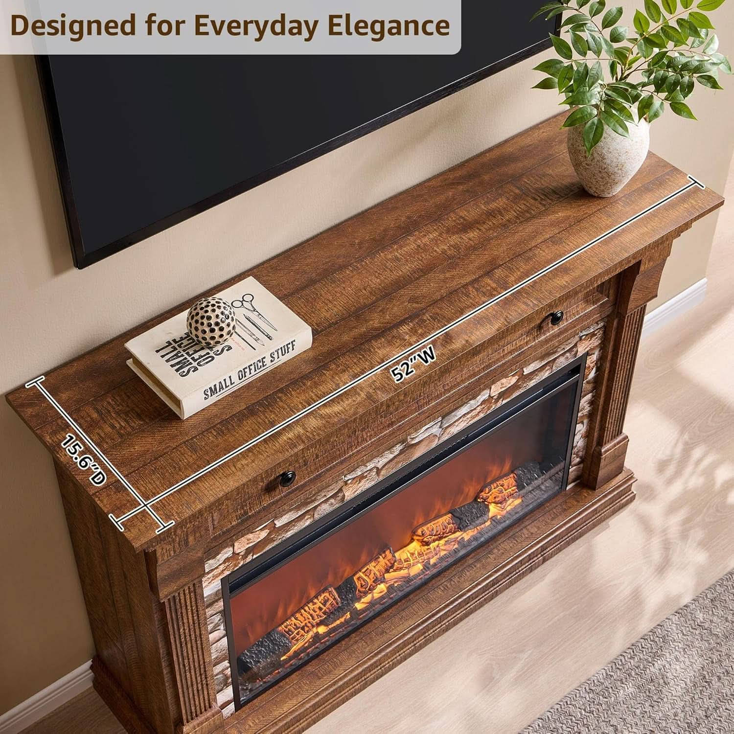 52 Inch Farmhouse Electric TV Stand Brown Wood Finish