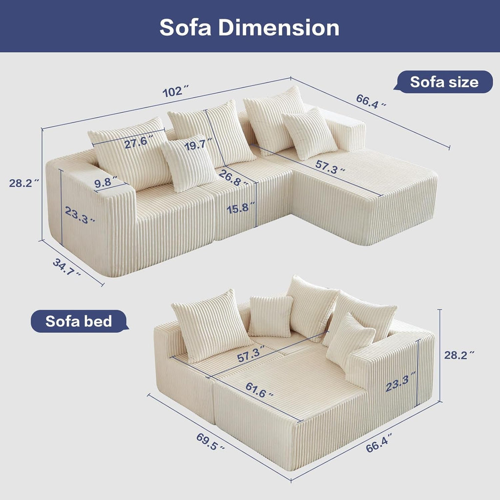 102 Inch Beige Cloud Lounge Sectional Sofa Oversized Seat
